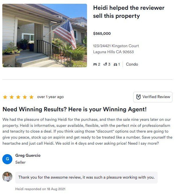 Real estate review screenshot with home photo, 5-star rating, and “Need Winning Results? Here is your Winning Agent!” text