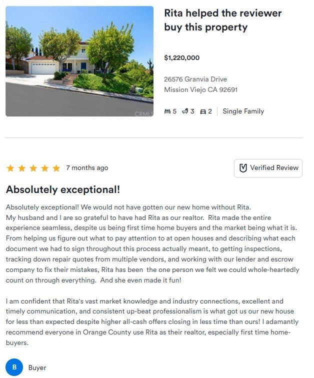 Real estate review screenshot showing a home photo and five-star written review text