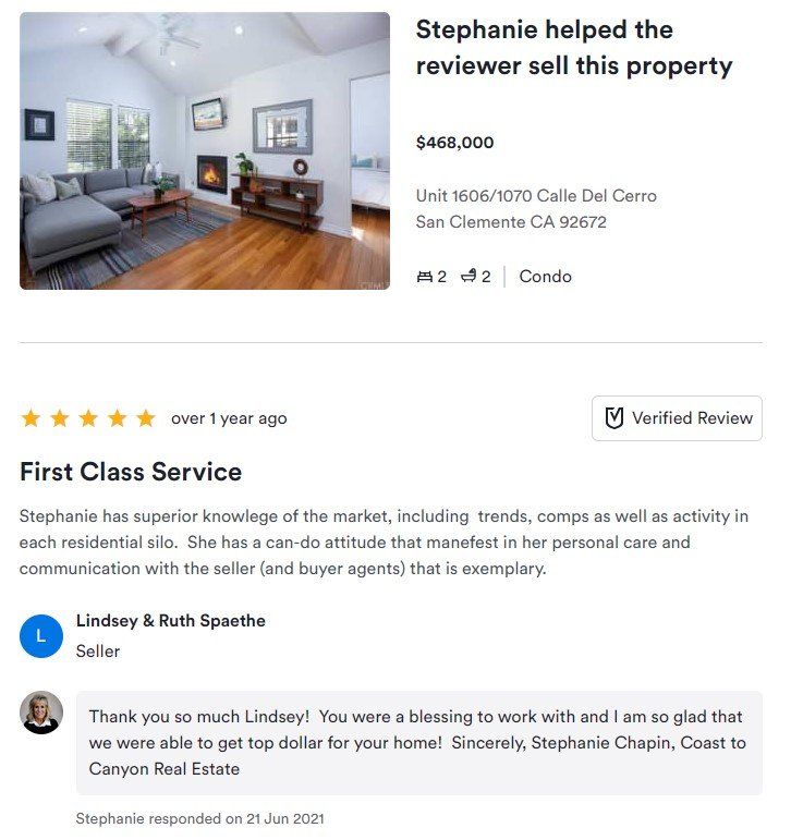 Real estate review screenshot with living room photo and 5-star “First Class Service” testimonial