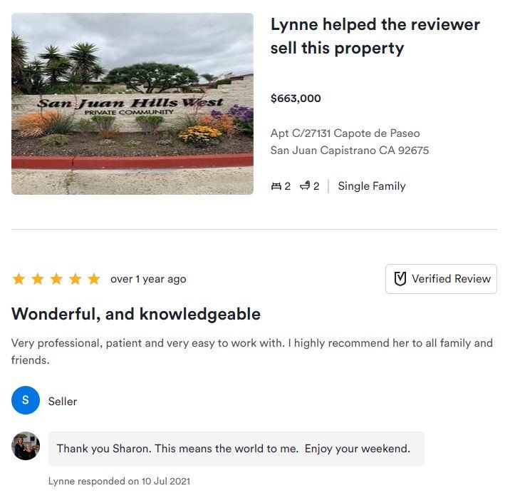 Real estate review screenshot with house photo, “Wonderful, and knowledgeable” seller review, and verified badge