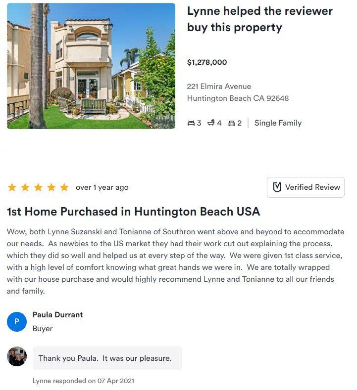 Real estate review card with house photo and 5-star testimonial for a Huntington Beach home purchase