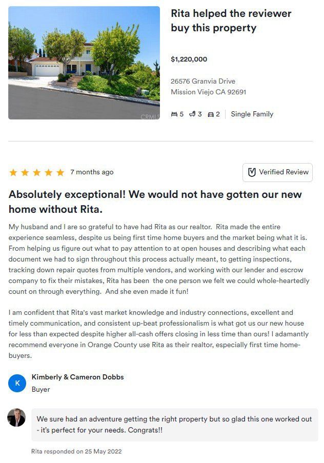 Home listing page with a house photo and review text saying it “helped the reviewer buy this property”
