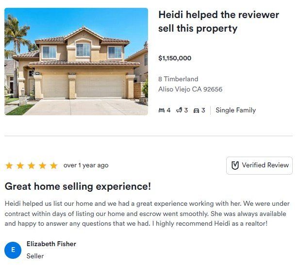 Real estate listing card with house photo and review praising Heidi for helping sell the property