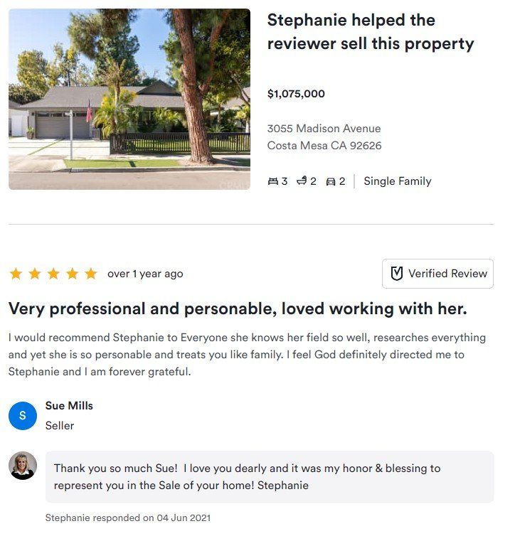 Real estate review card with home photo, sale details, 5-star review, and agent response.