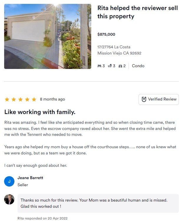 Real estate listing screenshot showing a house photo and a review titled “Like working with family.”