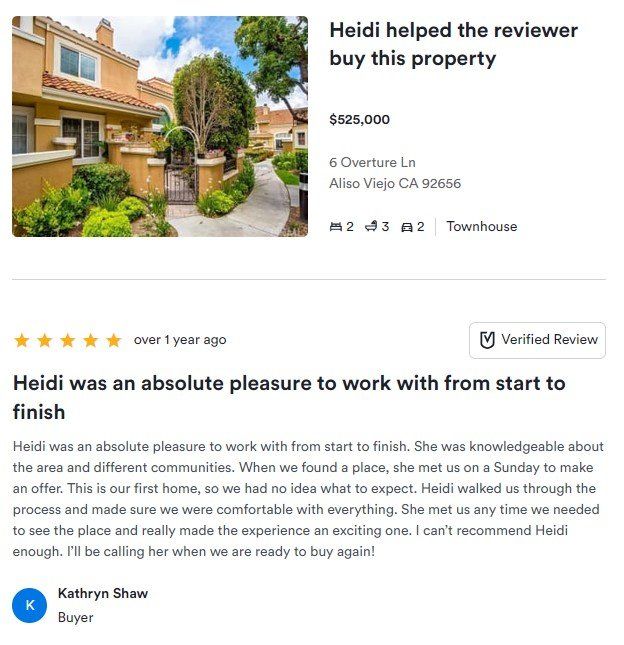 Real estate review card for a townhouse listing with a photo of a tan house and five-star buyer review text