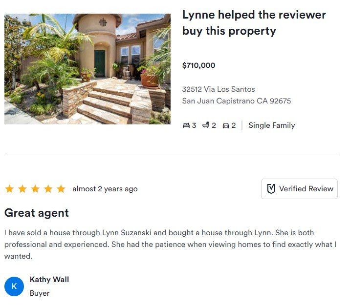 Real estate review card with home photo, 5-star rating, and buyer testimonial praising Lynne and Lynn Saranki