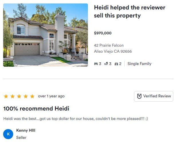 Real estate listing and review card for a beige two-story house in Albany with “100% recommended Heidi” text