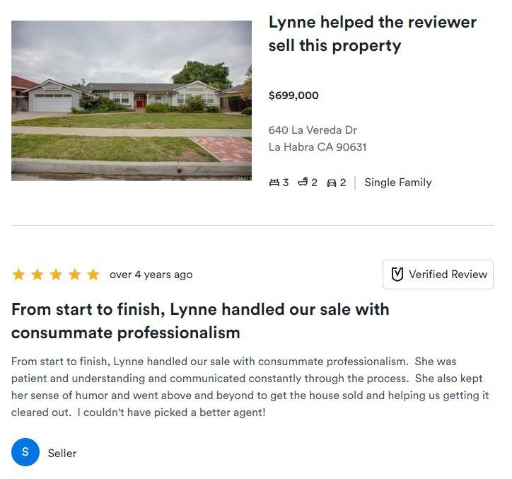 House listing review page with a suburban home photo and five-star seller review text.