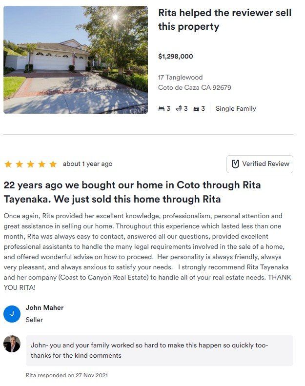 Real estate review page with a home photo, 5-star rating, and testimonial praising Rita and Coco for selling a house