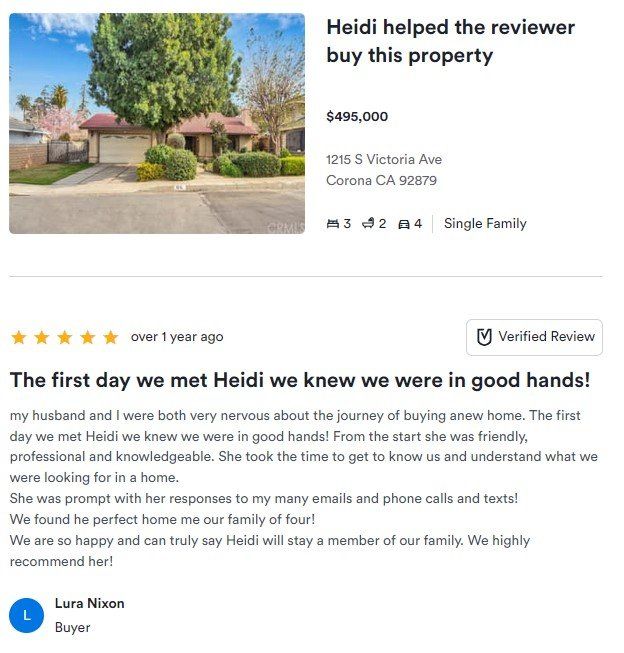 Real estate listing with home photo and review praising Heidi helped the buyer find this property