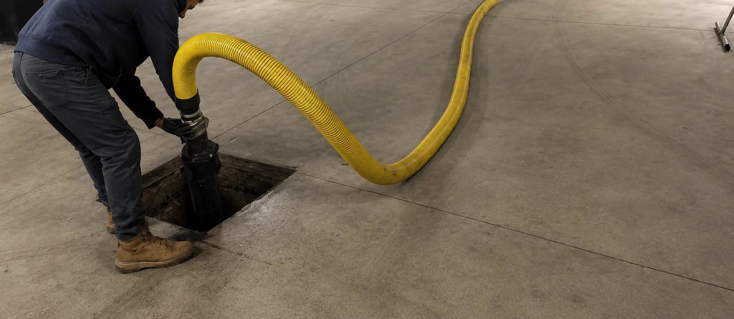 Worker vacuuming debris from a concrete floor with a yellow hose