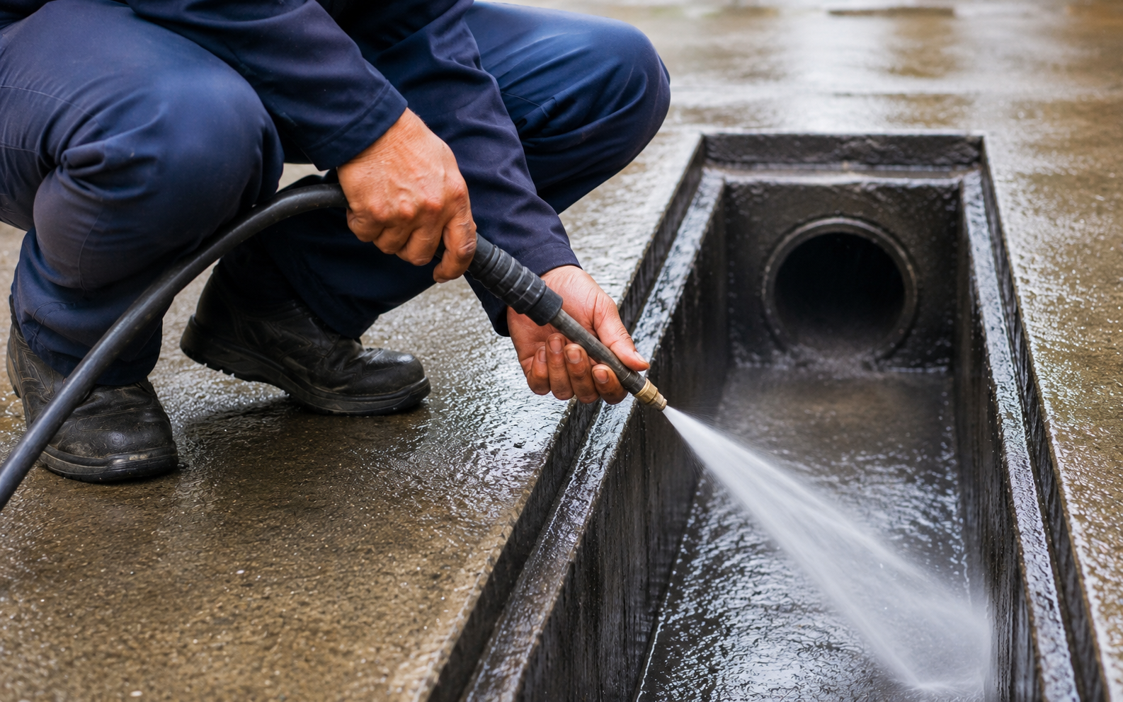 Worker pressure-washing a street drain with a hose on a wet pavement