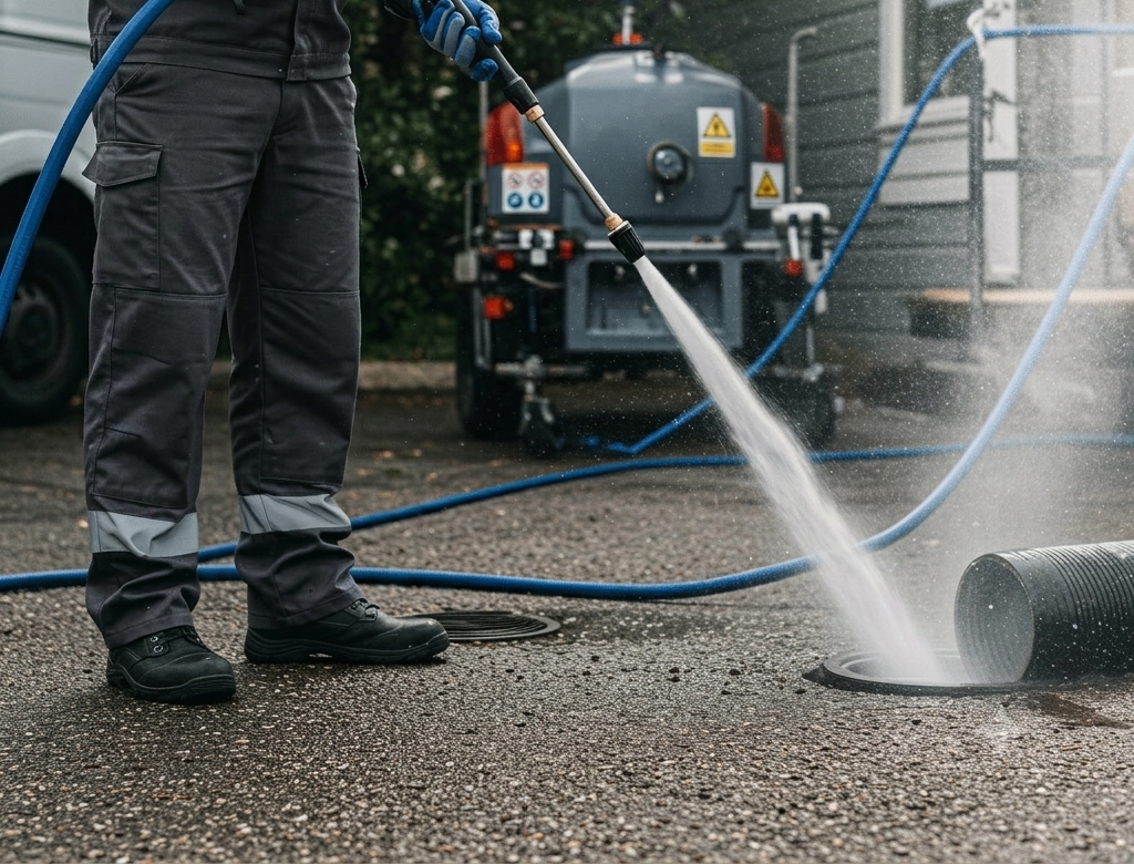 Worker pressure-washing a wet pavement beside a truck and hoses