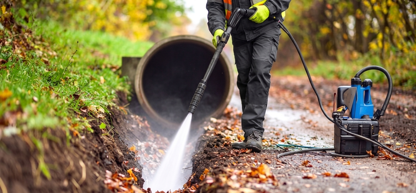Worker pressure-washing a large drain pipe beside a wet, leafy roadside ditch