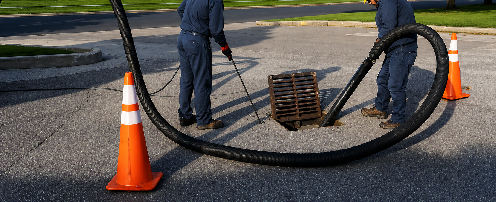 Workers standing by orange cones around an open manhole on a street, with a coiled cable nearby