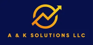 A&K Solutions LLC logo in gold on a dark blue background with an upward arrow and graph line