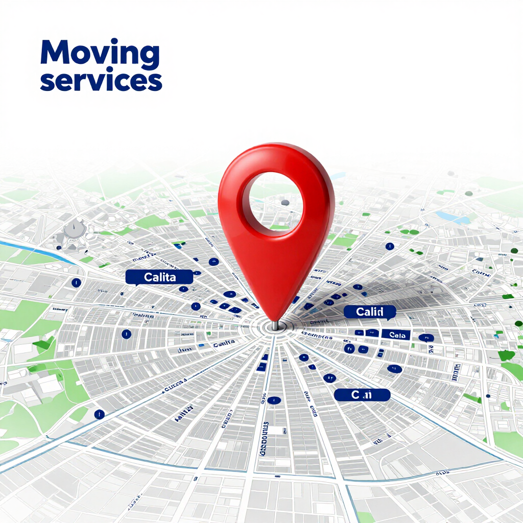 Anuncio de servicios de mudanza con un marcador rojo sobre un mapa de la ciudad y etiquetas de ubicación.