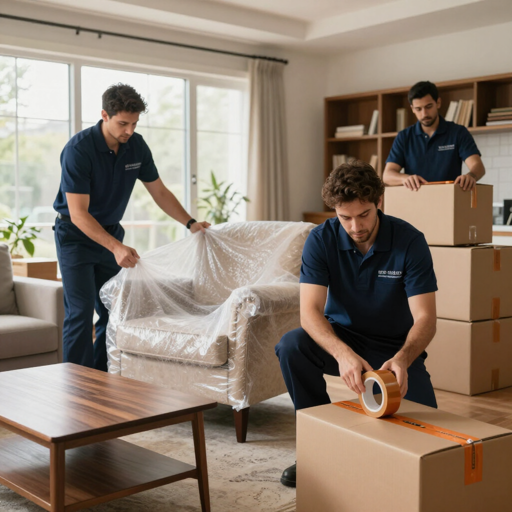 Tres operarios de mudanzas, vestidos con camisas azul marino, desempaquetan muebles y sellan cajas en una luminosa sala de estar.