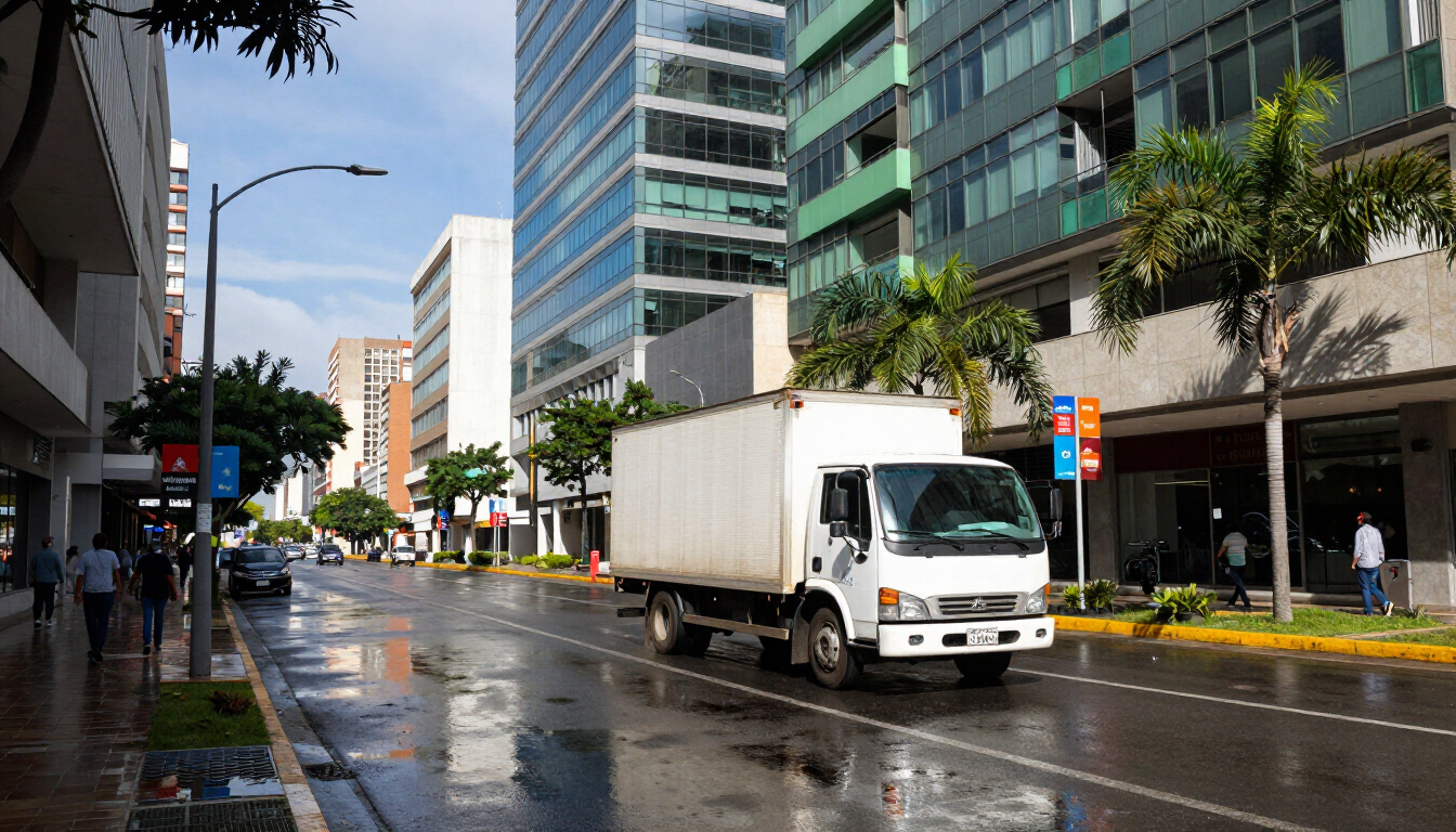 Calle mojada de la ciudad con un camión de reparto blanco junto a modernos edificios de cristal y árboles.