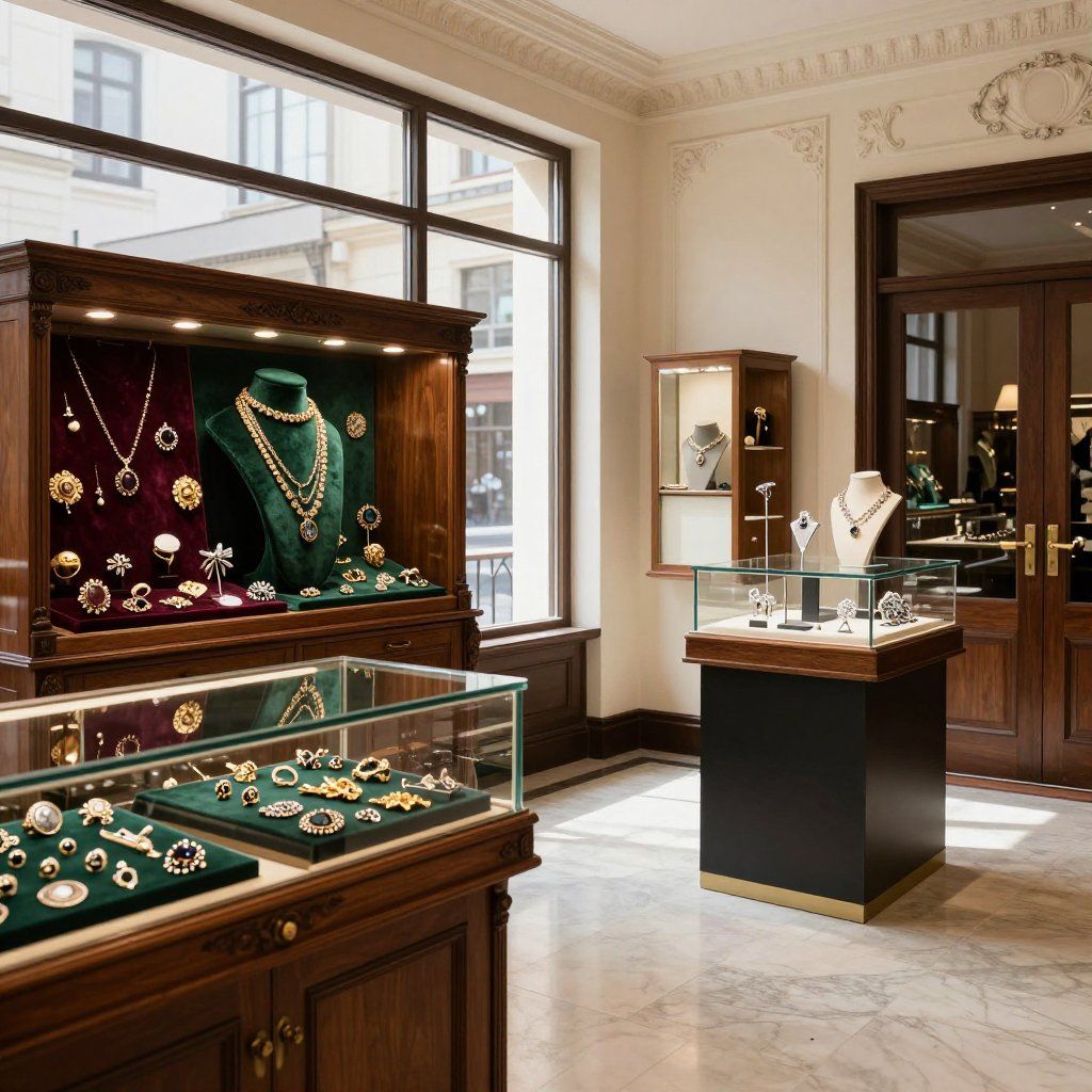 Jewelry store interior with ornate wooden displays and glass cases filled with necklaces, rings, and brooches.