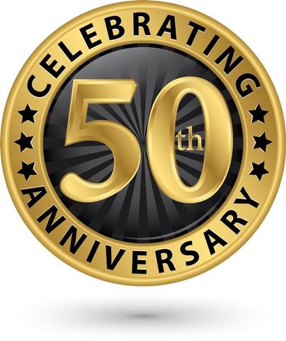 Gold “Celebrating 50th Anniversary” badge with black stars and lettering