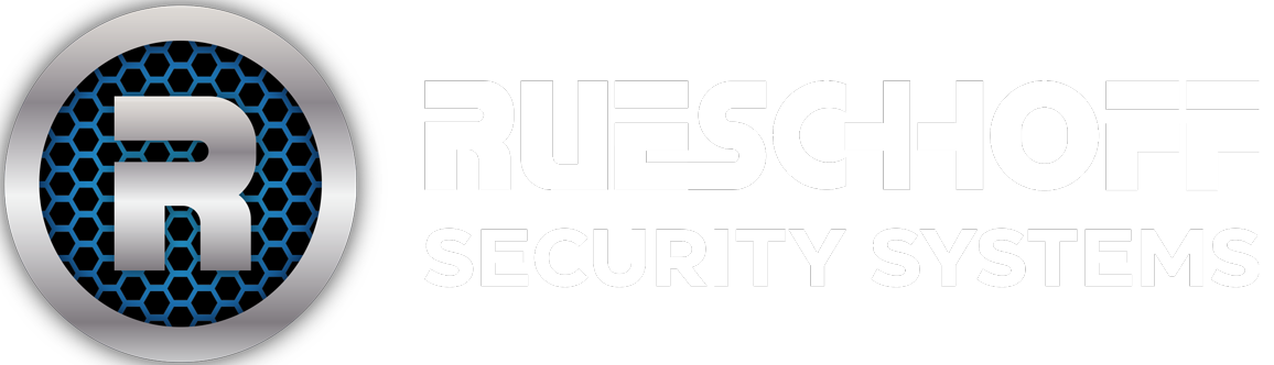 a logo for rueschhoff security with a blue circle and a white background .
