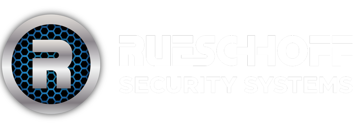 a logo for rueschhoff security with a blue circle and a white background .