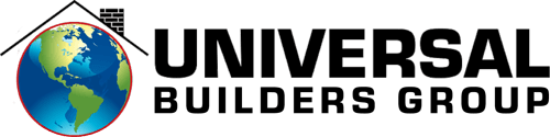 The logo for universal builders group shows a globe with a roof on it.
