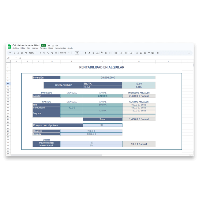 Hoja de cálculo de Google Sheets que detalla la rentabilidad de la propiedad en alquiler con cálculos en azul y gris.