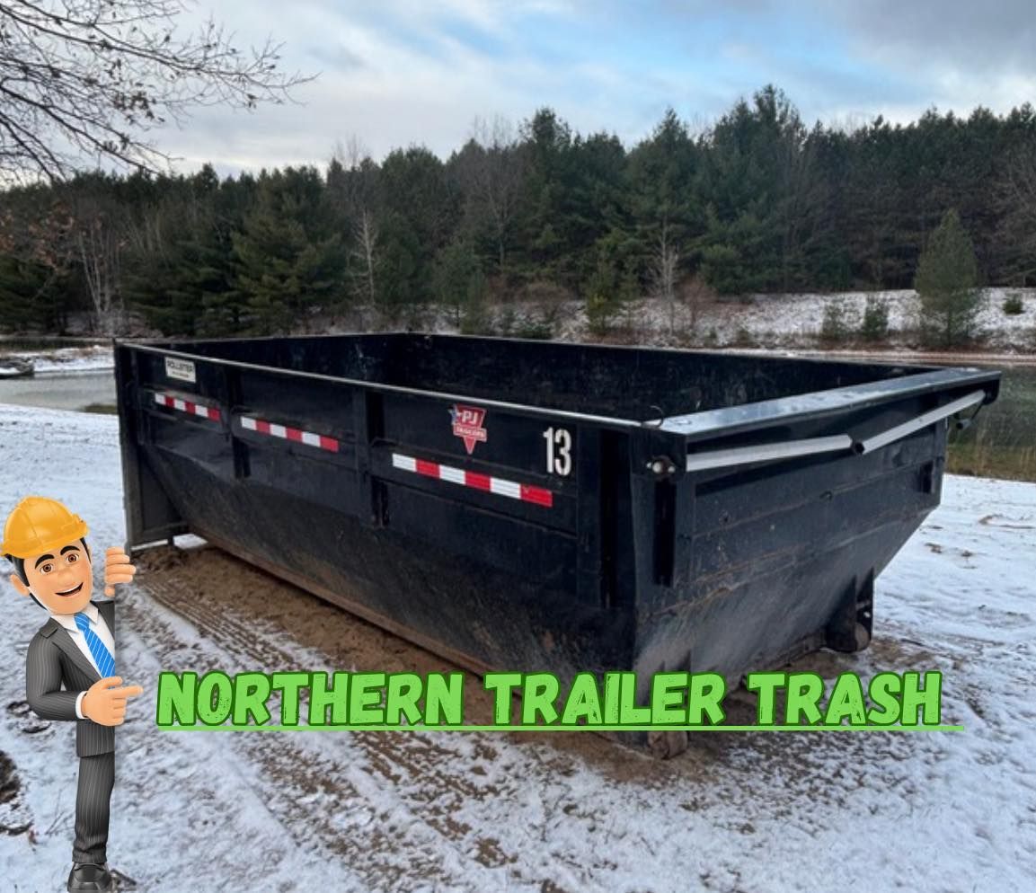 Black dumpster with white and red stripes. Man cartoon pointing at dumpster in snowy area.