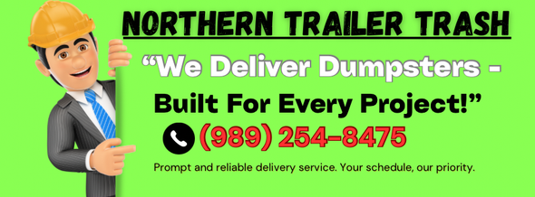 Man in hard hat points at ad for dumpster service, phone number (989) 254-8475.