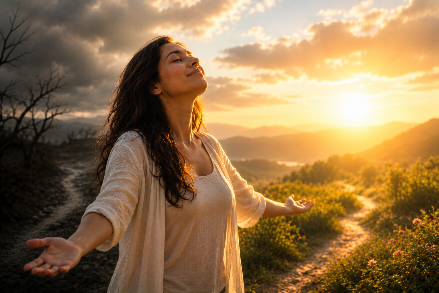 Woman standing on a sunlit hillside at sunset with arms open, facing the warm sky and winding path.