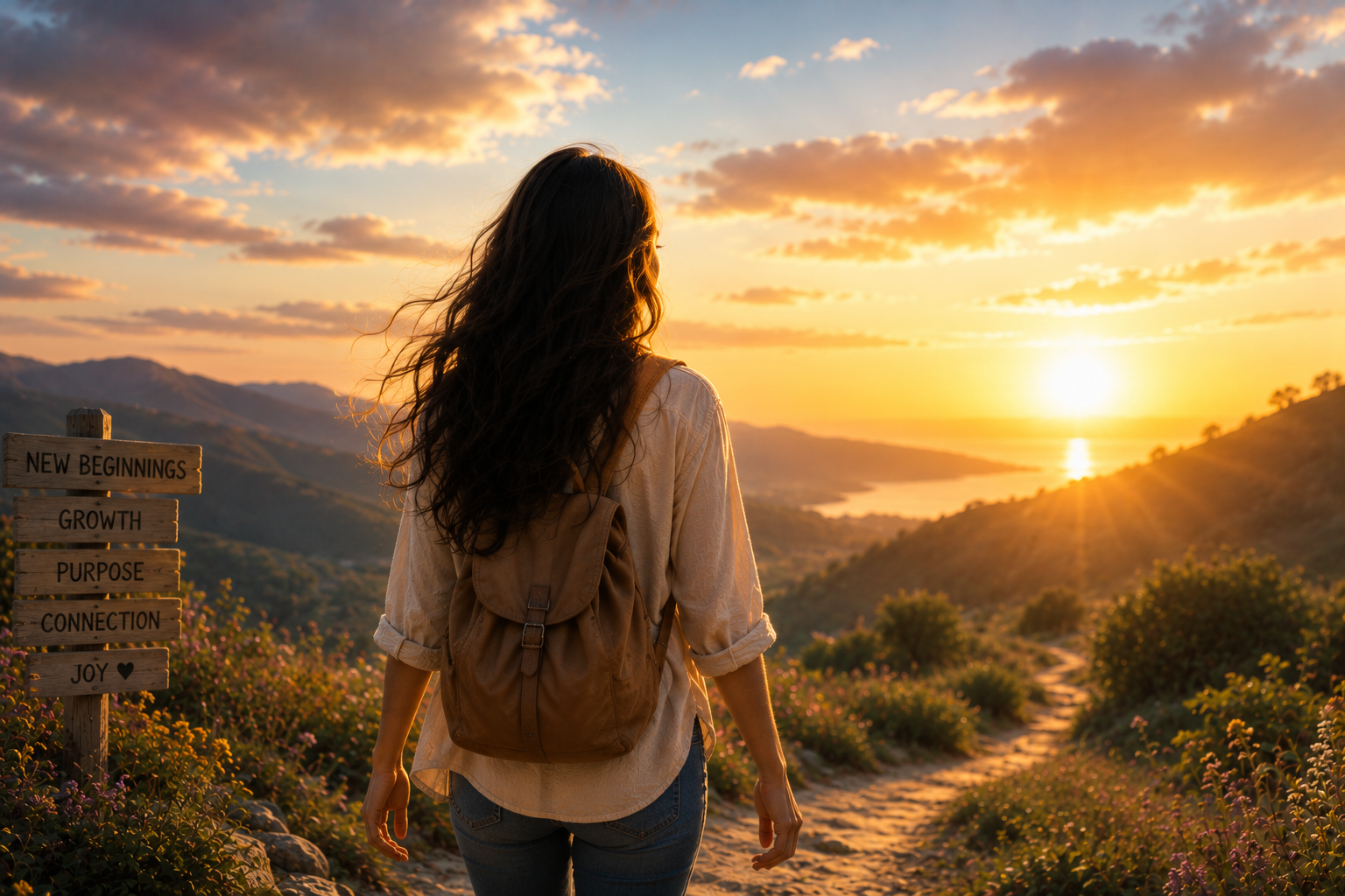 Person with backpack overlooking a sunset mountain trail, with warm orange sky and valley below