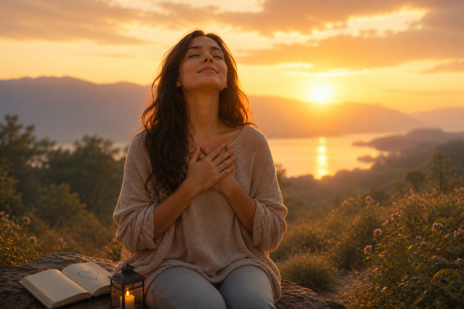 Woman meditating outdoors at sunset beside an open book and candle, with glowing hills and water in the background
