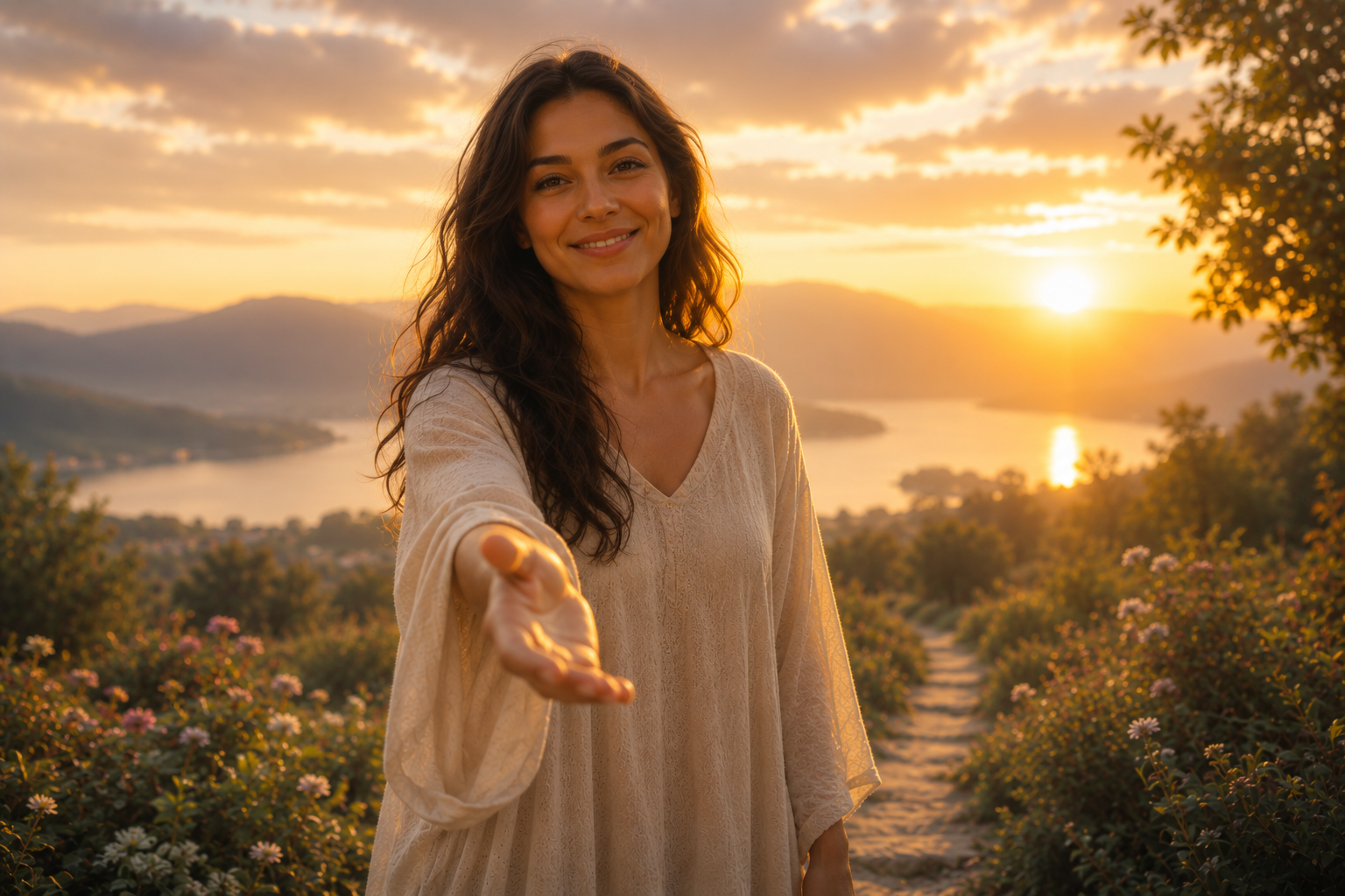 Woman extending a hand on a flower-lined path at sunset overlooking a lake and mountains