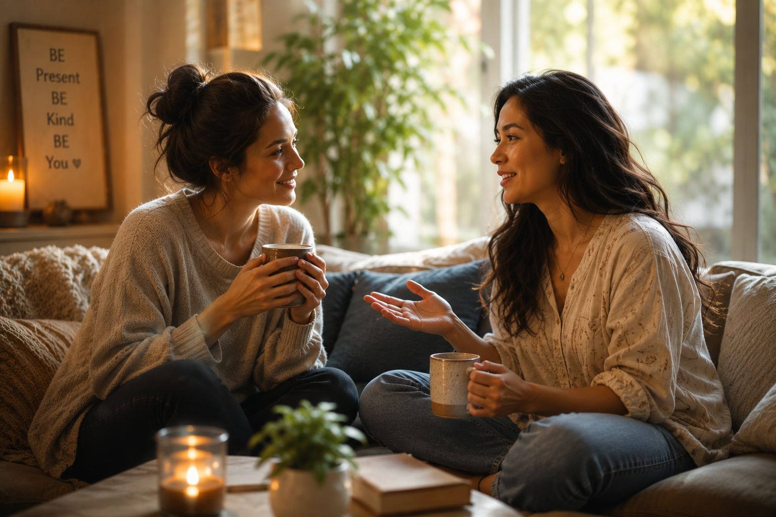 Two women chatting on a couch with mugs in a cozy living room, lit by candles and warm sunlight.