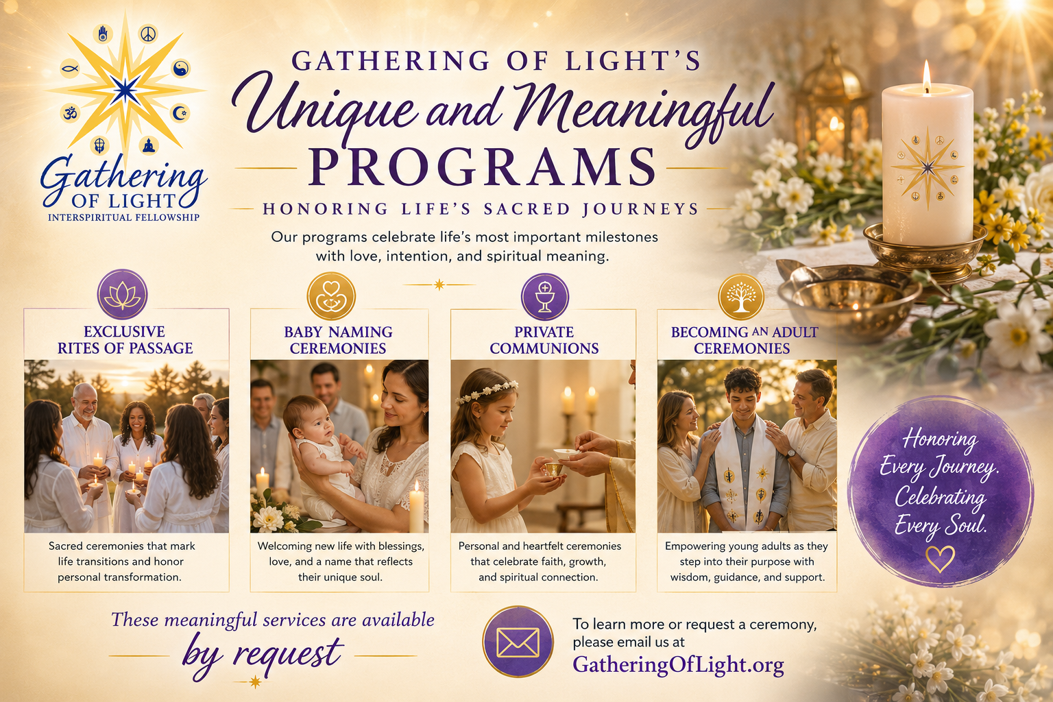 Gathering of Light's unique and meaningful programs flyer with candles, gold accents, and event photos