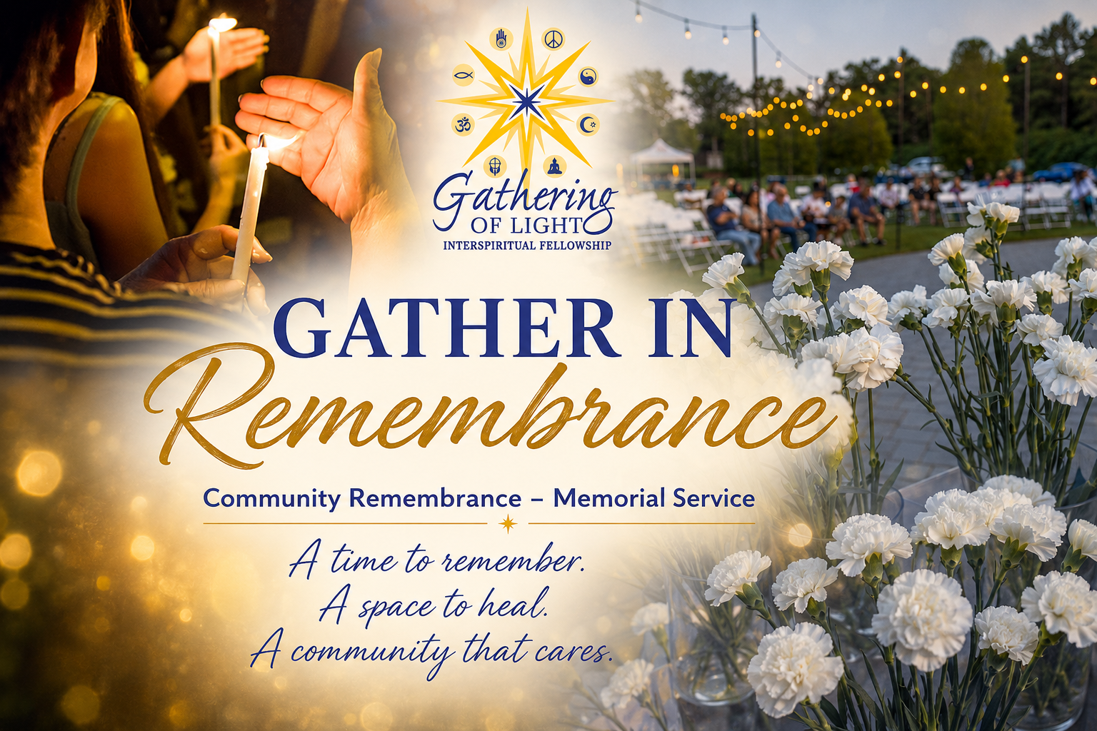 Memorial service flyer with flowers, candles, and sunset tones reading “Gather in Remembrance”