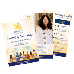 Saturday Worship event flyer with woman portrait, white and blue design, and service details