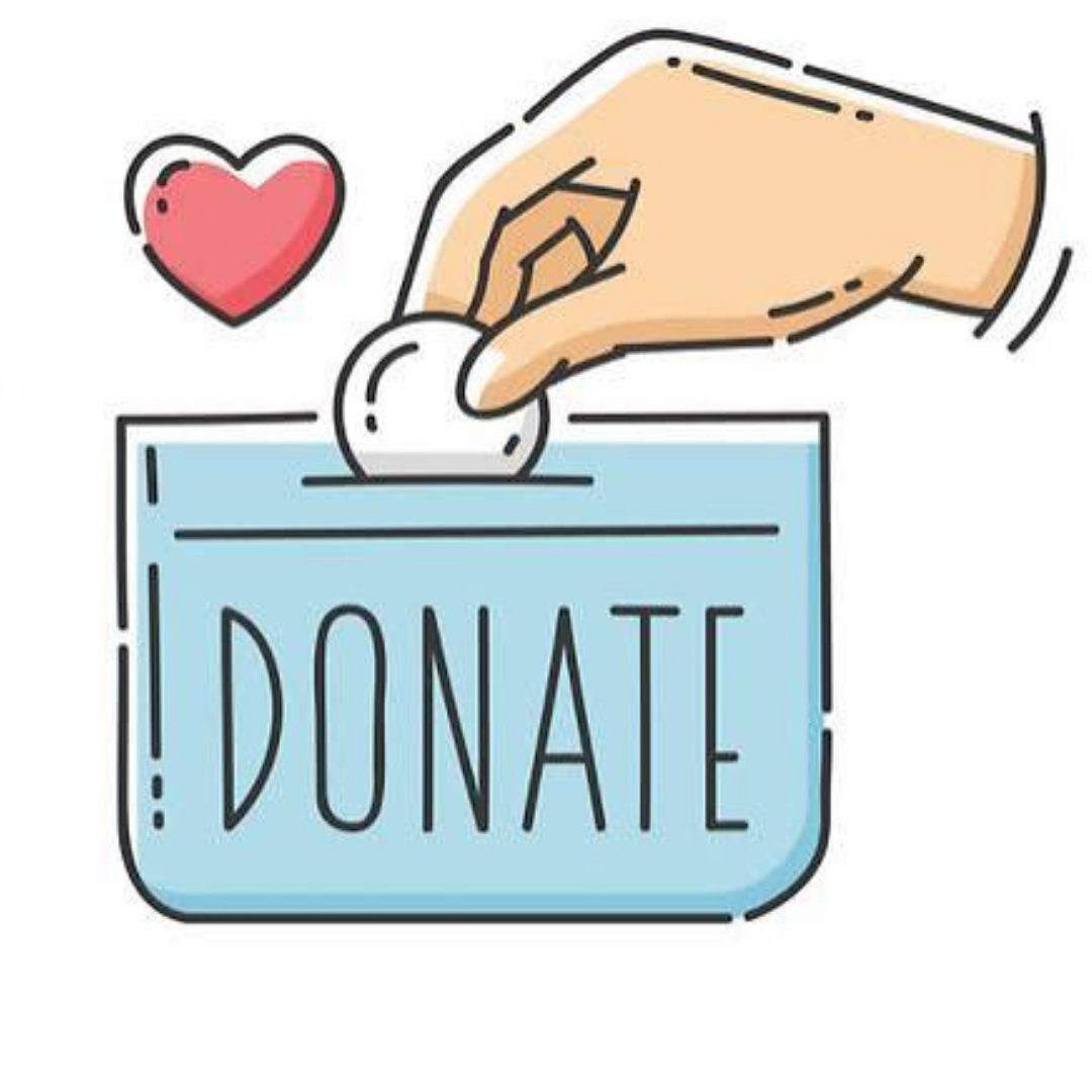 Hand placing a coin into a blue donation box with a red heart icon