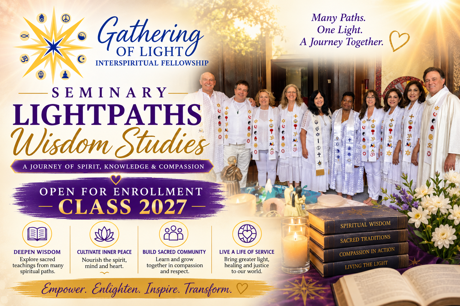 Seminary Lightpaths Wisdom Studies 2027 promo with group portrait, books, and gold-purple event text