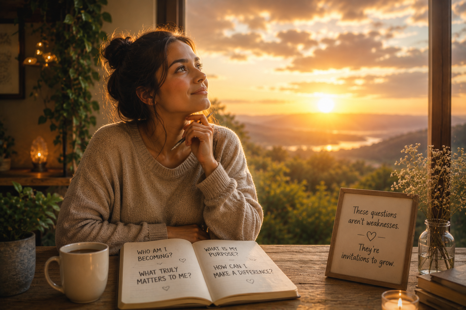 Woman writing in a notebook at a table by sunset, with a mug and handwritten notes nearby.