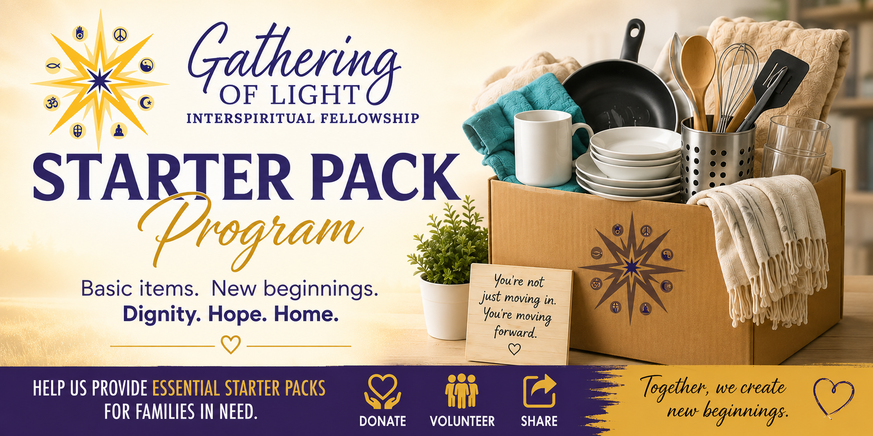 Starter pack graphic for Gathering of Light, showing household items in a basket with “Starter Pack Program” text.