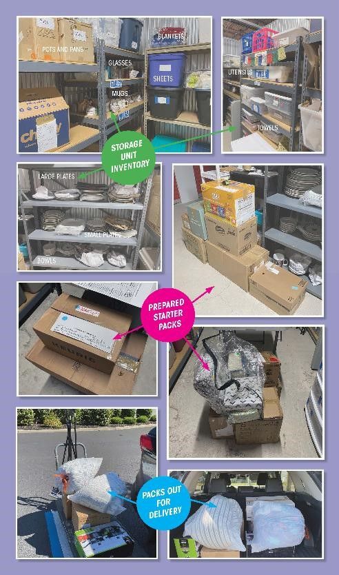 Collage of cluttered shelves and boxes in a storage room, with bags, papers, and supplies stacked around.