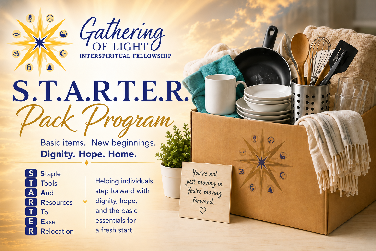 S.T.A.R.T.E.R. Pack Program flyer with household items in a cardboard box and the Gathering of Light logo