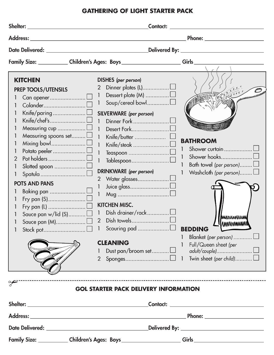 Checklist form titled “Gathering of Light Starter Pack” with kitchen, bedroom, bathroom, and cleaning items.