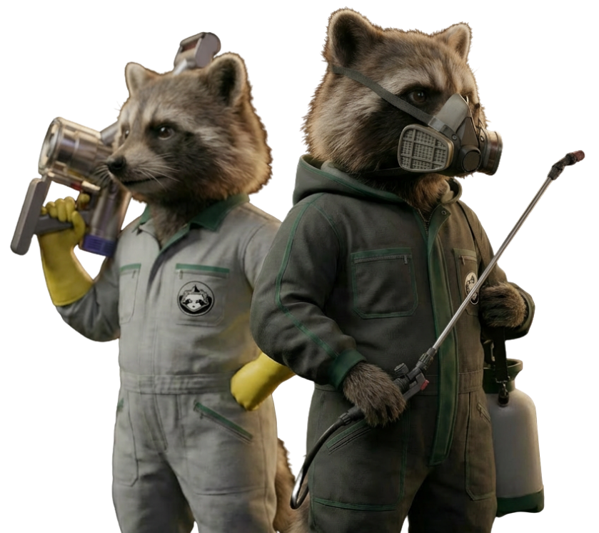 Illustration : le raton laveur d'Alp Raton Laveur, en combinaison de protection, entreprise de lutte anti-nuisible en Savoie