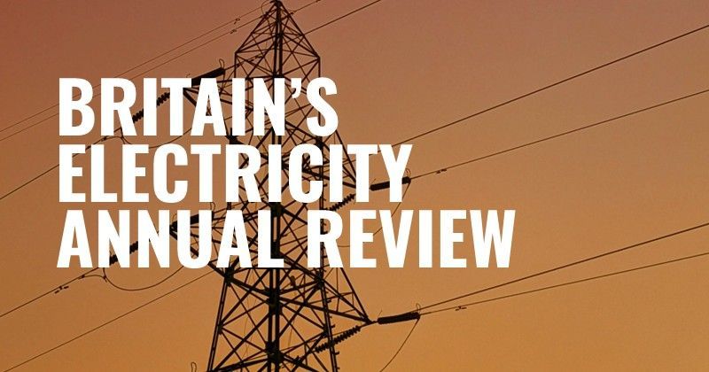 Electricity pylon against amber sky, with text 