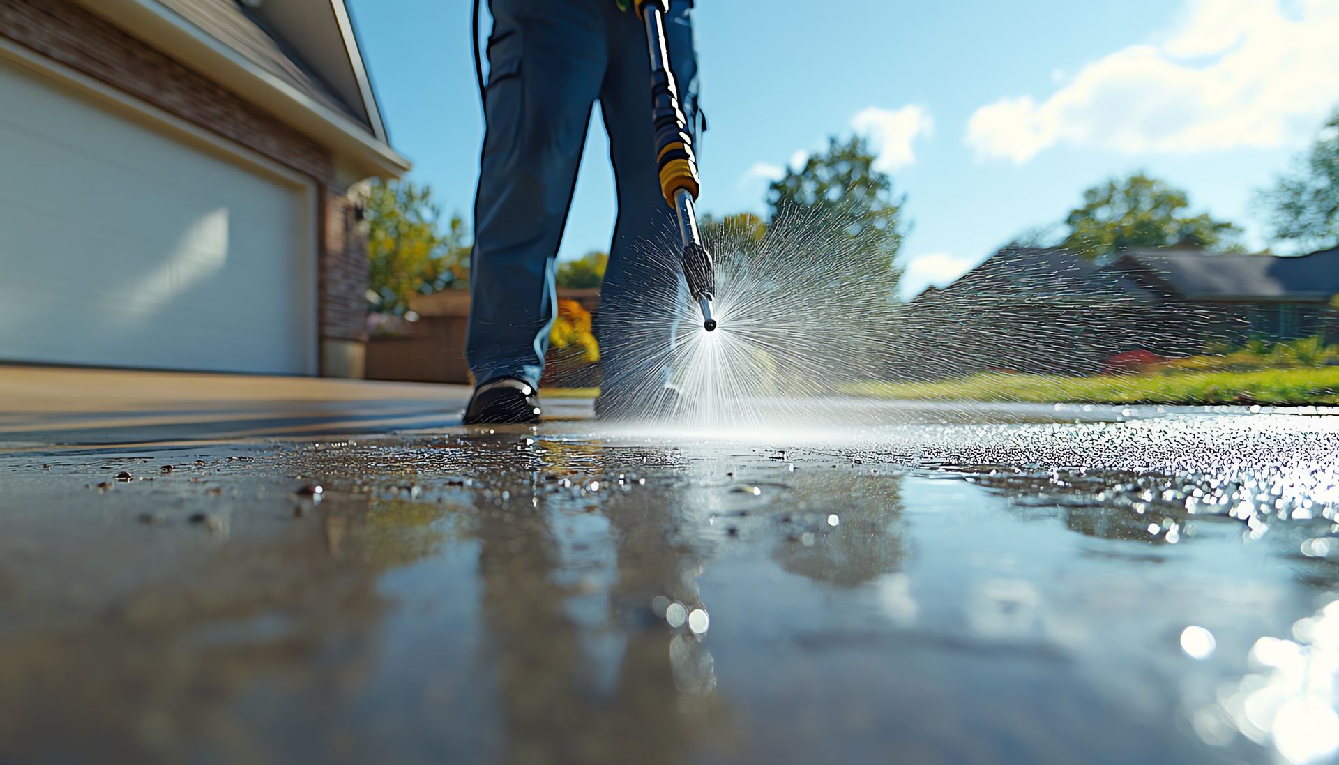 Person in jeans power washing a concrete driveway on a sunny day. Water sprays up reflecting the sky and the person.